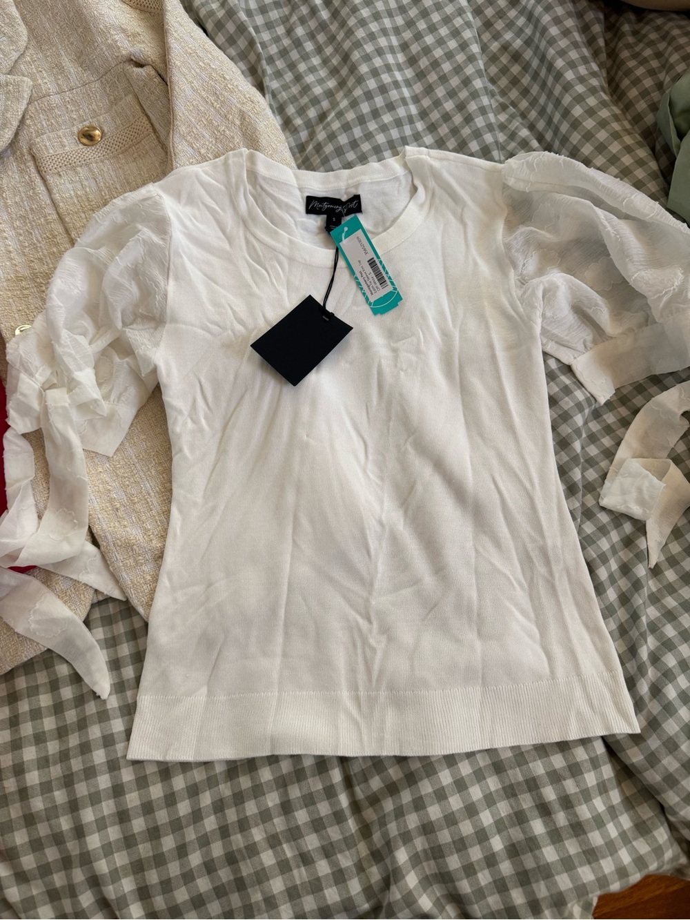 NWT Montgomery Post Edith Tie Sleeve Knit Top White S